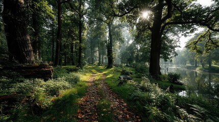 Naklejka premium a green forest with a lot of leaves and a lot of sunlight,photo stock