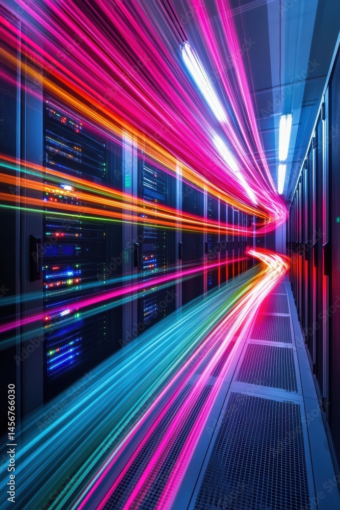Poster data center servers with colorful light trails representing data flow in long exposure vertical view