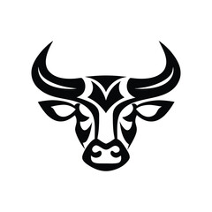 A stylized, black and white graphic of a bull's head, featuring intricate, decorative patterns reminiscent of tribal or tattoo art.