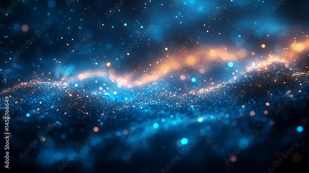 Poster abstract background of glowing blue and gold particles creating a wavy flowing pattern in dark space