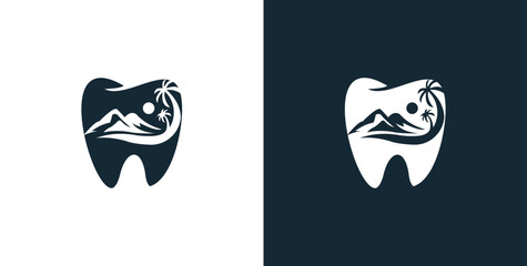 vector logo design for dentist or dental company with sea mountains - lake hills vector
