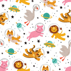 Kids space pattern.Animals in space.Seamless pattern,Flat vector illustration in cartoon style