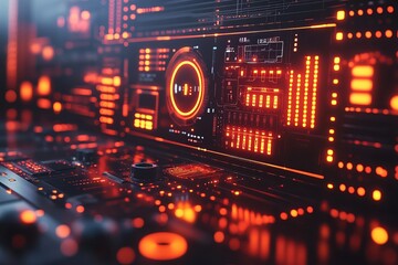 Obraz premium Digital interface transforming analog futuristic UI high-tech visual dashboard morphing old analog dials buttons sleek glowing holographic displays innovative modern design futuristic shift