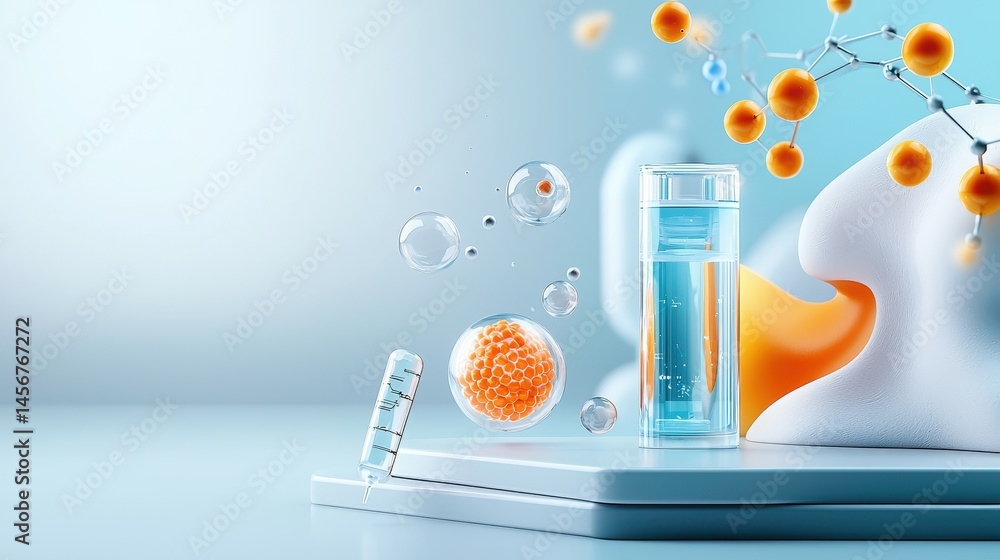 Poster abstract representation of skincare science featuring a vial and molecular structure.