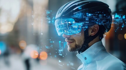 Cyclist Wearing Advanced Helmet with Augmented Reality Technology