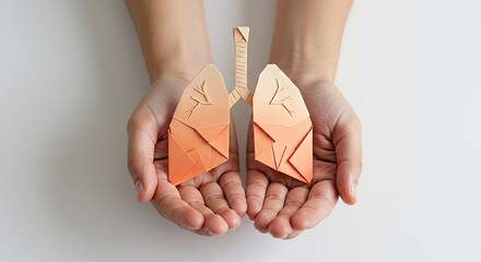 Origami lung shape held in caring hands