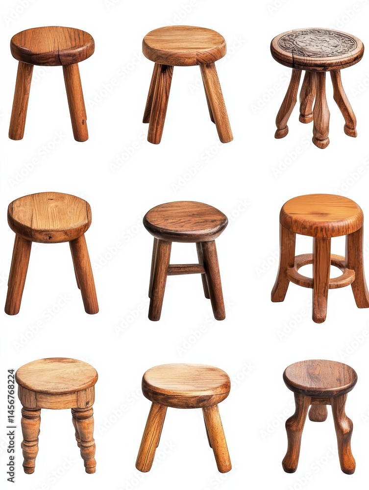 Poster collection of rustic wooden stools on white background displaying variety of styles and designs for 