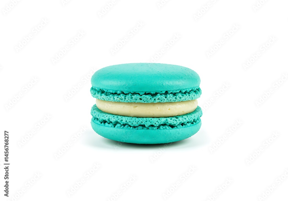 Poster a single turquoise macaron with cream filling centered on a plain white background in studio light