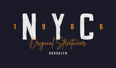 New York, Brooklyn t-shirt design with NYC letters cut out of crumpled paper. New York tee shirt print graphics. Clothes and apparel design. Vector.
