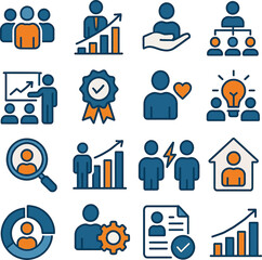 This vector set features business people icons, a collection of user avatars and symbols representing office work, teamwork, and management in a clean illustration design