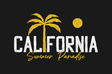 California t-shirt design with palm tree, sun and text  cut out of crumpled paper. California summer print for tee shirt graphic. Clothes and apparel design. Vector.