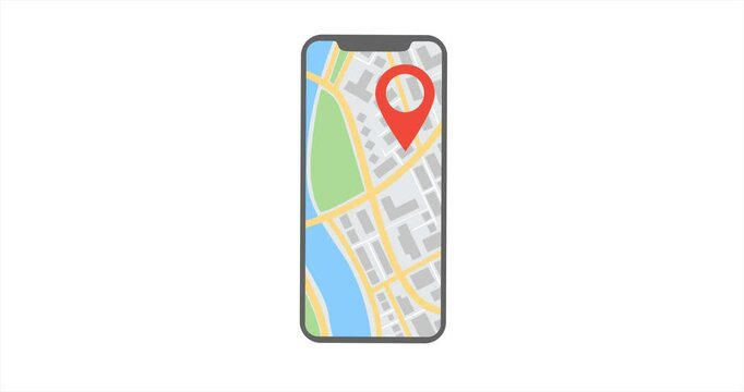 A phone with a map with red location pin on the screen. Destination mark on a map. 4K stop motion animation