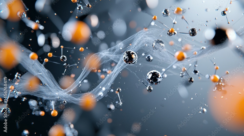Poster abstract molecular structures in dynamic motion, showcasing complexity and creativity.