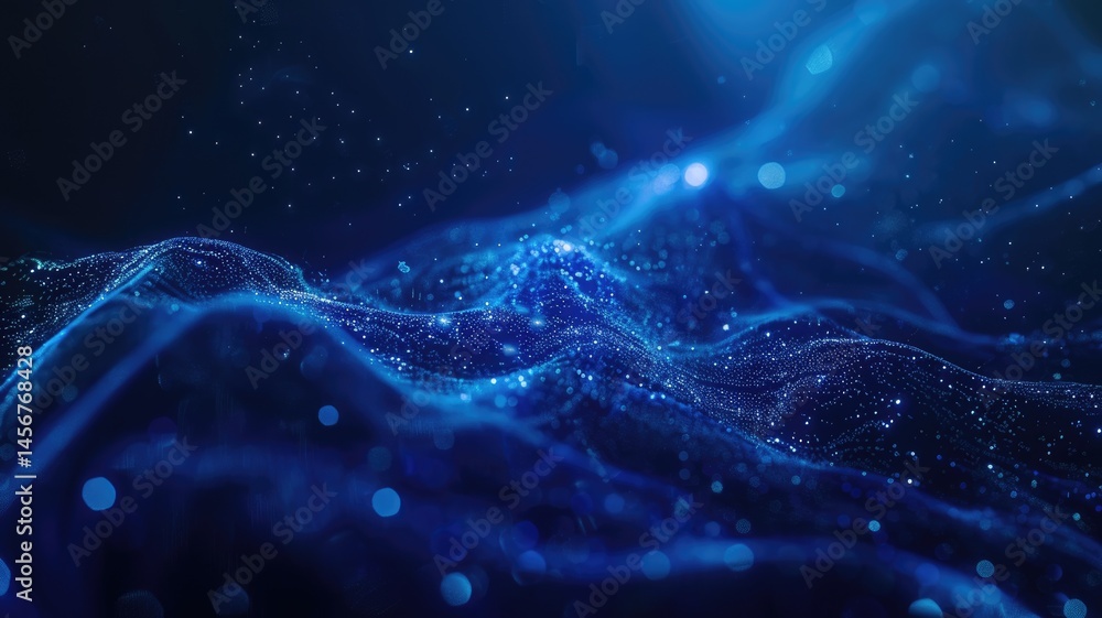 Poster Abstract picture micro light sparkling particle represent data flow vivid flowing wave with high tech background, create digital effect scene perfect for energetic and fantasy wallpaper design. AIG53.