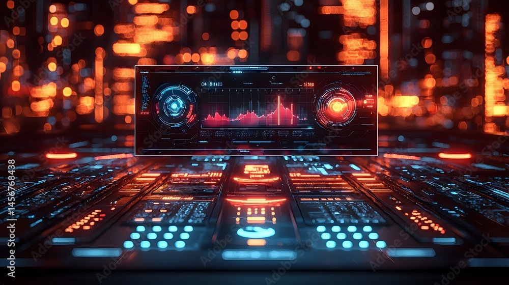 Poster futuristic holographic interface displaying data streams