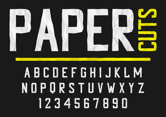 Cut out paper font. Uppercase letters and numbers cut out of crumpled paper. Vector.