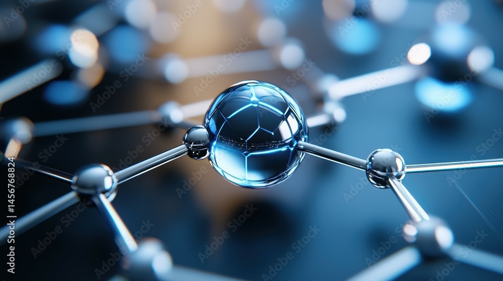 Poster a close-up of a shiny blue molecular structure with interconnected atoms in focus.