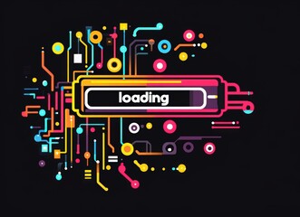 Obraz premium Pixel retro loading bar with circuit board and vibrant data transfer background