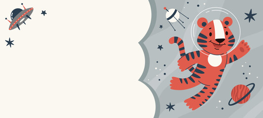 Fototapeta premium Space kids poster.Animal astronauts in among the stars and comets,Giraffe.A postcard, a flyer, an invitation.Vector cartoon flat illustration.