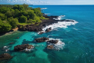 Tropical Island Coastline Aerial View Stunning Turquoise Ocean Rocks Green Lush Vegetation Paradise
