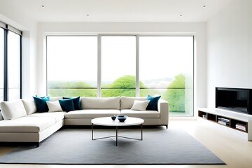 Contemporary living room interior with white wall and panoramic window