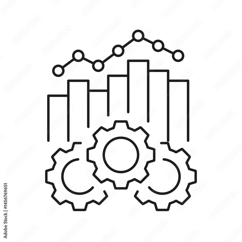 Poster gears and graph line icon. data analysis, process optimization, and performance metrics outline symb