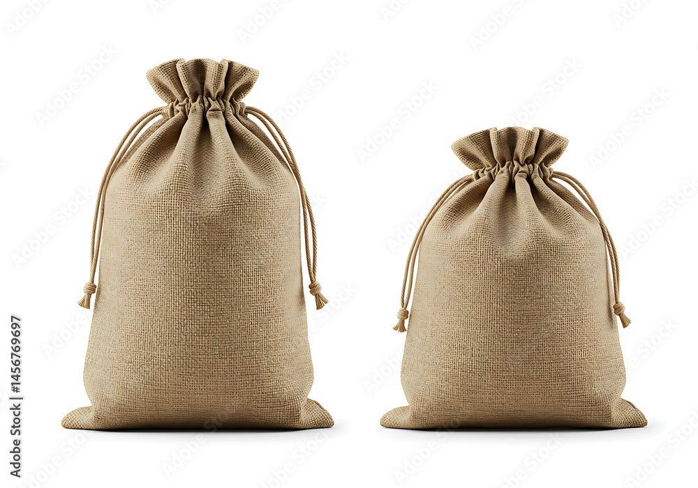 Poster two burlap sacks with drawstring closures sitting side by side on a plain white background surface