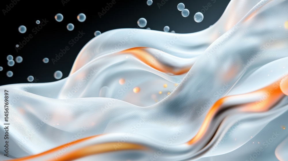 Poster abstract fluid design with translucent waves and bubbles, creating a sense of motion.