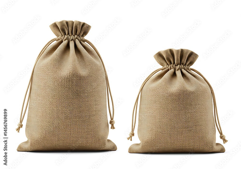 Poster two burlap drawstring bags of different sizes isolated on a plain white studio background setting up