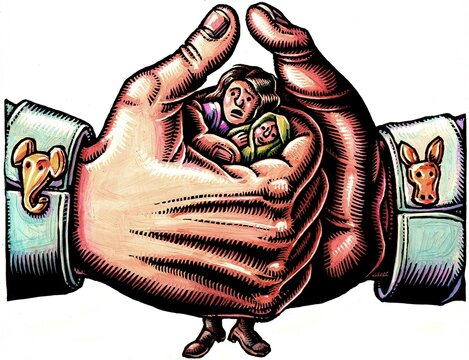 woman and child in grip of giant hands thumb wrestling, with cufflinks of donkey and elephant