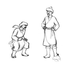 Pencil drawing. Two men engage in battle.