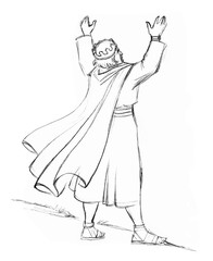 Pencil drawing. Man rises his hands in prayer