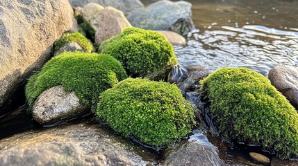 Moss-covered rocks by a stream..