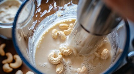 Blending Homemade Cashew Milk in High-Speed Mixer for Smooth Consistency