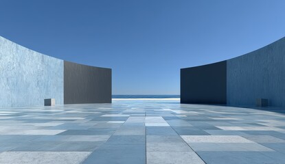 Minimalist architectural scene with curved walls, tiled floor, and ocean view under a clear blue sky.