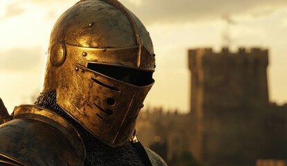 Fototapeta premium Golden Knight at Sunset: Medieval Fortress