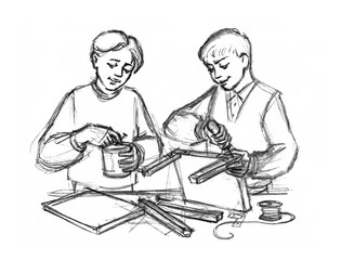 Pencil drawing. Children making things in the workshop