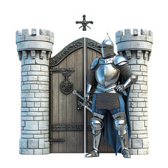 A Cartoon Knight Guarding a Castle Gate with Silver Armor Isolated on Transparent Background