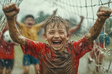  Child scoring winning goal muddy soccer match bright red jersey streaked dirt arms raised joy ball frozen mid-spin rain-soaked net teammates cheering gray skies parents