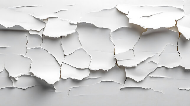 Abstract background of white paint peeling revealing sublayers creating textured surface with cracked and damaged appearance