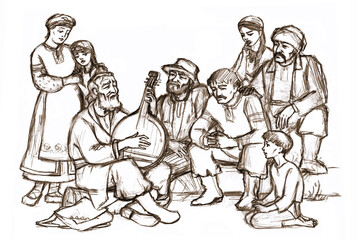 Pencil drawing. Man playing bandura