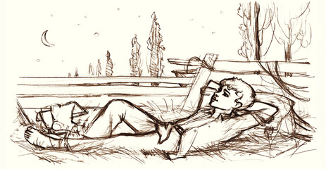 Naklejka premium Pencil drawing. Man lying on straw