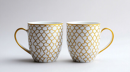 Set of two mugs with a white and gold geometric pattern on a plain background, product photography