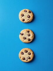 Obraz premium Three chocolate chip cookies on a blue background overhead shot food photography studio shot dessert treat