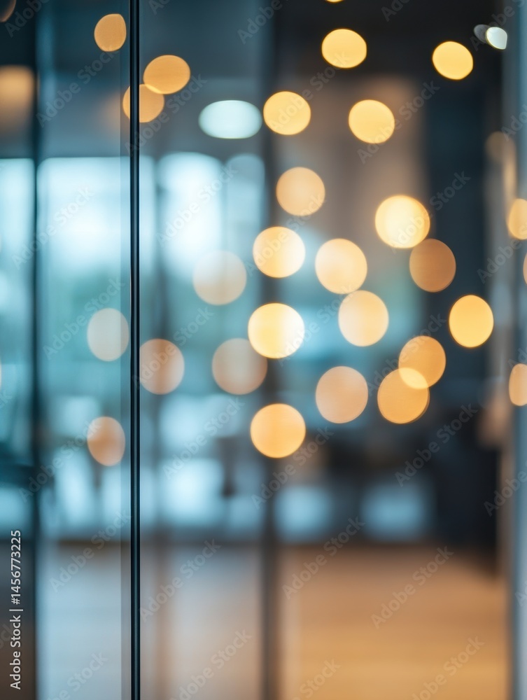 Poster abstract view of blurred lights through glass panel in modern office building interior with reflecti