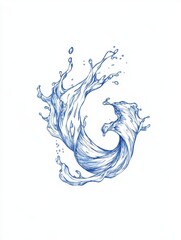 Artistic Water Splash Illustration in Blue Ink on White Background Detailed Line Art Drawing of Liquid Motion and Fluid Dynamics Isolated Studio Shot