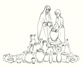 Pencil drawing. Multiplying oil according to Elisha's advice