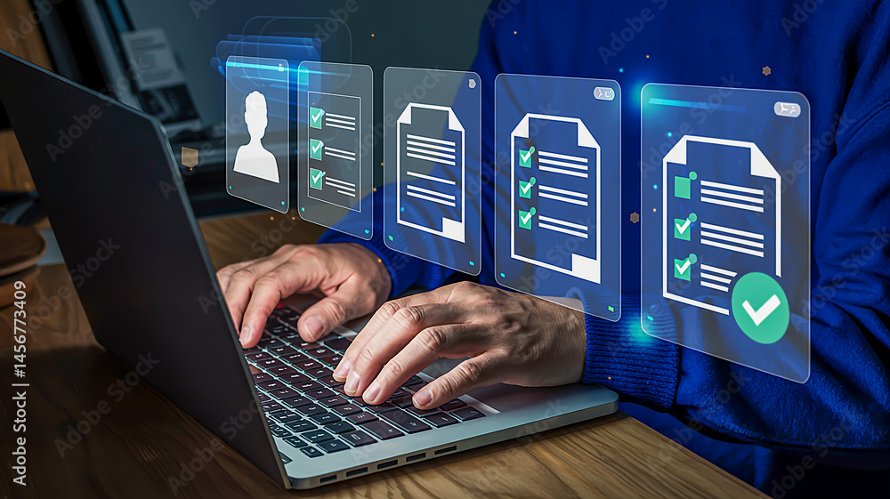 Poster modern business tech interface with hands typing on laptop and floating digital elements in blue glo