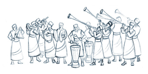 An ancient orchestra is playing. Pencil drawing