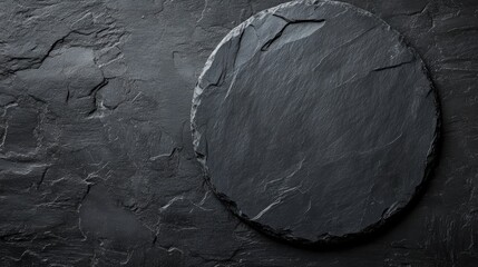 Dark Slate Stone Texture Background with Round Serving Tray Top Down Close Up Studio Shot for Food Photography